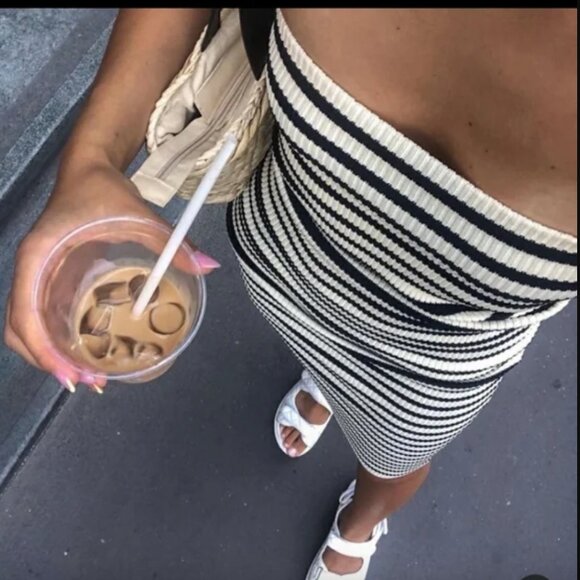 Zara Black and Cream Striped Strapless Rib Stretch Knit Bodycon Maxi Dress L NWT - Picture 3 of 8